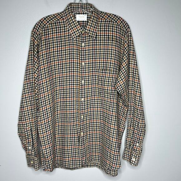 Viyella Shirt Mens Large Beige Button Down Wool Blend Check Plaid Casual Preppy - Picture 1 of 8